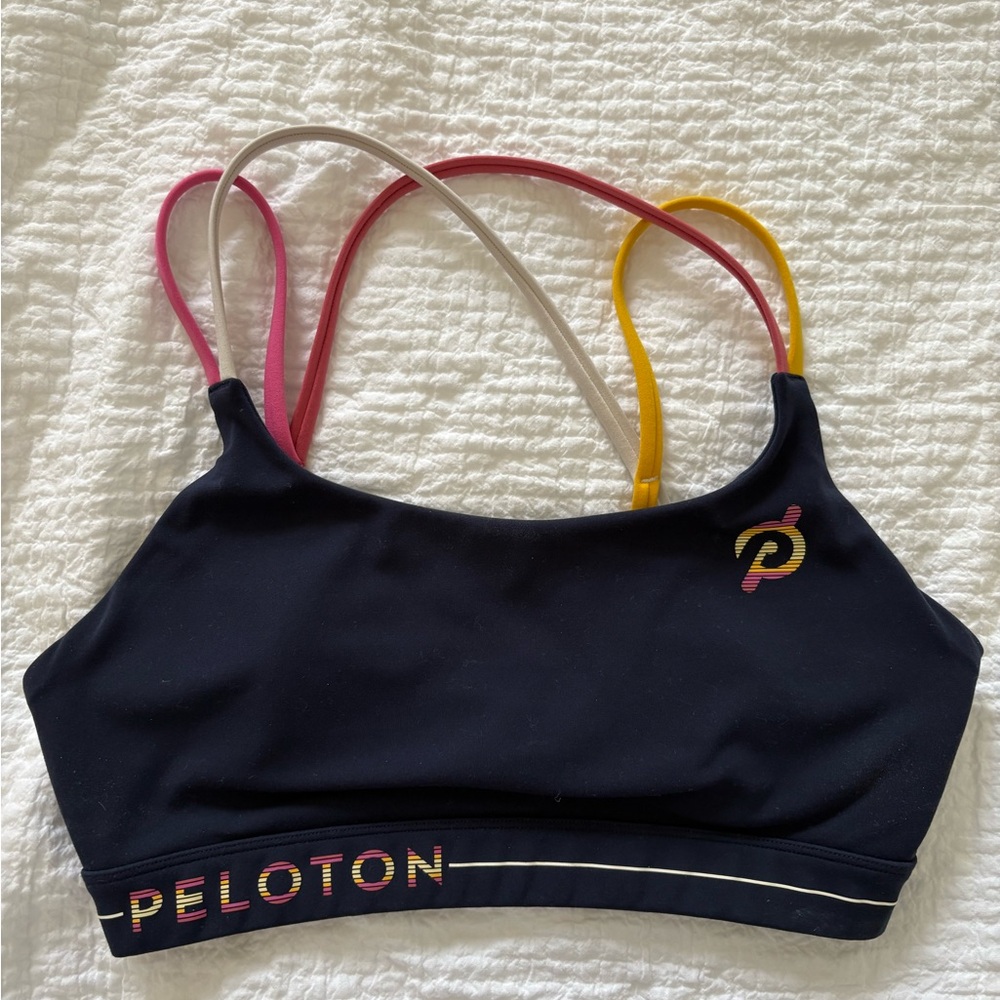 Peloton Black Strappy Sports Bra with Pink, Cream & Yellow Accents